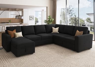 HONBAY Sectional Sleeper Couch with Pull Out Bed, U Shaped Sectional Sofa with Storage, Modular Velvet Sectional Couches for Living Room, Black - Image 7