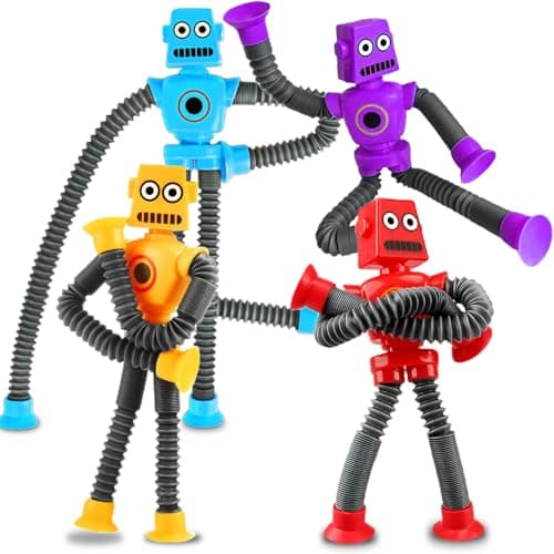 Christmas Stocking Stuffers Gift Robot Sensory Travel Toys 4Pcs for Toddlers Kid Boy Year Old Ages 3 4 5 6 7 8 9, Airplane Autism Pop Tube Suction Fidget Toys Autistic Easter Basket Valentine or Kids - Image 1