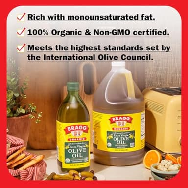 Bragg Organic Extra Virgin Olive Oil – Made with Greek Koroneiki Olives – Cold Pressed EVOO for Marinades & Vinaigrettes – USDA Certified, Non-GMO, Kosher (128 fluid Ounce) - Image 4