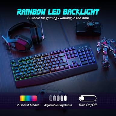 yesbeaut Gaming Keyboard, 7-Color Rainbow LED Backlit, 104 Keys Quiet Light Up Keyboard, Wrist Rest, Whisper Silent, Anti-ghosting Multimedia Keys, Waterproof USB Wired Keyboard for PC Mac Xbox - Image 2