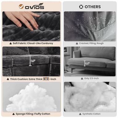 ovios Sectional Sofa Couch with U-Shape Chaise Sofa Bed, Comfy Modular Cloud Couches with Deep Seat, Modern Upholstered Plush Corduroy Sofas Set for Living Room, 7-Seater, Grey - Image 9