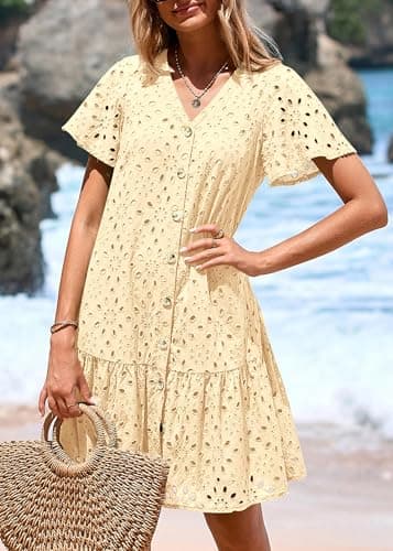 KIRUNDO Summer Dresses for Women 2025 Eyelet Button Down V Neck Short Sleeve Hollow Out A Line Loose Mini Babydoll Dress(Beige, Large) - Image 3