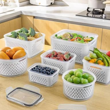 5 PCS Large Fruit Containers for Fridge - Leakproof Food Storage Containers with Removable Colander - Dishwasher & microwave safe Produce Containers Keep Fruits, Vegetables, Berry, Meat Fresh longer - Image 9