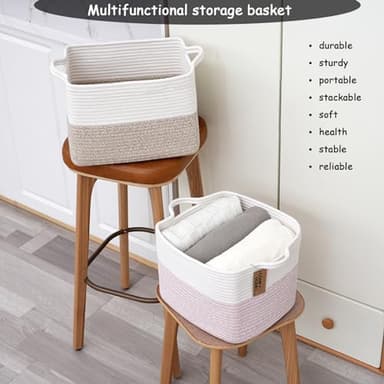 COMFY-HOMI Cotton Rope Woven Basket with Handles for Shelves,Toys,Book, Cloth Storage Baskets for Organizing-13.5" x 11" x 9.5" Toy Decorative Organizer for Living Room, Bathroom (White/Brown) - Image 4