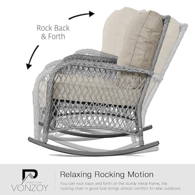 VONZOY Patio Furniture Set 3 Pieces, Rocking Bistro Set with Thick Cushions, Grey Wicker Outdoor Rocker Chairs and Coffee Table for Porch, Backyard or Garden (Grayish White) - Image 3