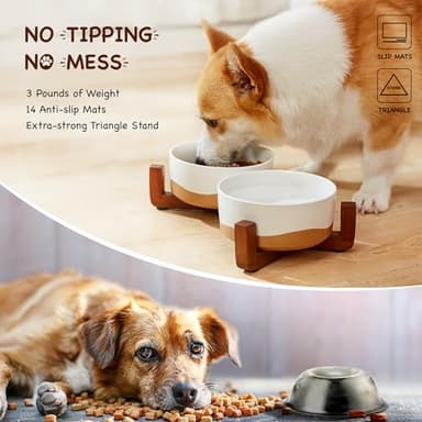 Lareina Ceramic Dog Bowl for Food and Water, 3 Cups Pet Bowl Set with Non-Slip Wood Stand for Your Small Medium Sized Dog, Vanilla White - Image 4