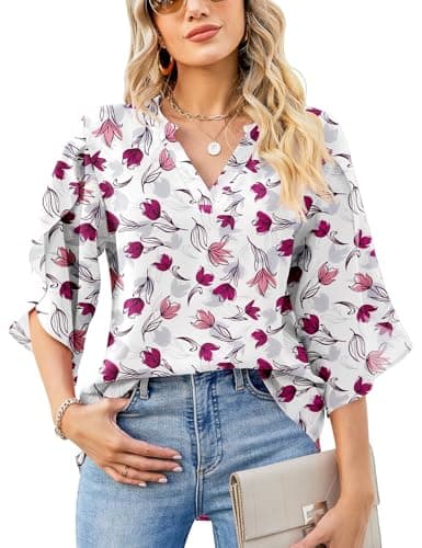 LUYAA Women's Chiffon Blouse Shirts Ruffled Sleeve Sexy V-Neck Summer Loose Elegant Tops (White/Pink Floral M) - Image 1