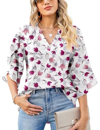 LUYAA Women's Chiffon Blouse Shirts Ruffled Sleeve Sexy V-Neck Summer Loose Elegant Tops (White/Pink Floral M) - Image 1