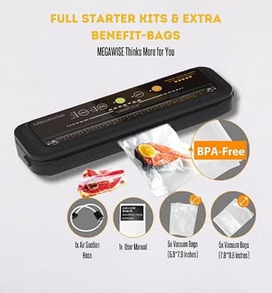 MEGAWISE Model B 2025 Vacuum Sealer | Powerful & Compact | One-Touch Automatic Food Sealer for Cold, Wet, Moist, and Dry Foods | Compatible with Thick, Medium, and Thin Bags | OMNI MACHINE (Black) - Image 3