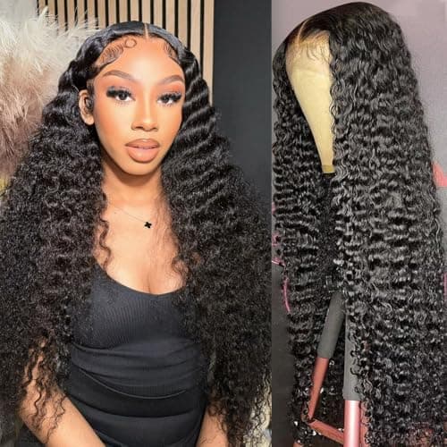 KRKRYQ 26 Inch Deep Wave Lace Front Wigs Human Hair 13x6 Lace Front Wig Human Hair Pre Plucked with Baby Hair 200% Density HD Lace Frontal Wigs for Women Curly Human Hair Wigs Natural Color - Image 1