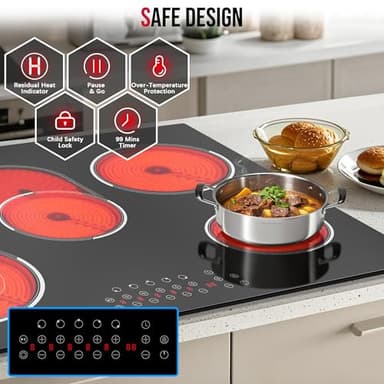 Traenvir 30 Inch Electric Cooktop, Built-in 5 Burner Electric Stovetop 8400W, 30" Glass Ceramic Cook Top with Expanded Zone, Child Safety Lock, Timer, Pause Control, 220V - 240V Hard Wire, No Plug - Image 4