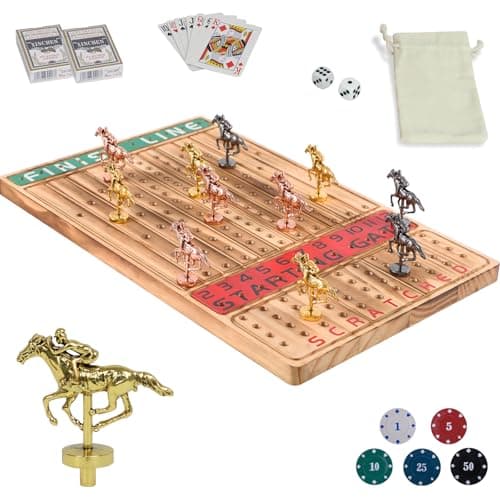 HOROW Horse Racing Board Game Solid Wood Horse Race Card and Dice Board Game Luxury Edition Set with 11 Metal Horses,100 Poker Chips,2 Dices and 2 Boxes of Cards - Image 1