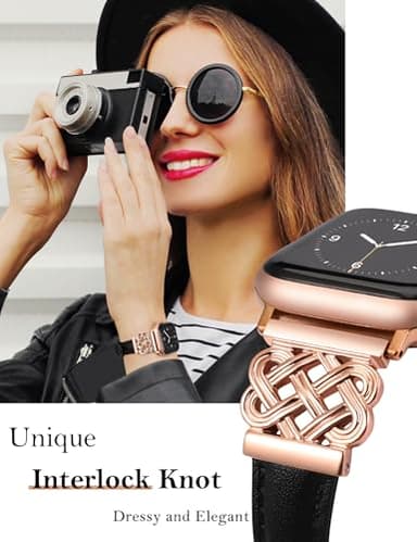 TOYOUTHS Compatible with Apple Watch Bands Women 38/40/41/42mm Dressy Slim Thin Leather Strap with Celtic Knot Interlock Buckle Bracelet for iWatch Series 11 10 9 8 7 6 5 4 SE 3 2 1, Black/Rose Gold - Image 3