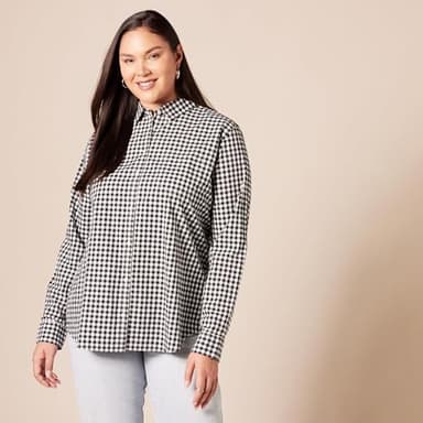 Amazon Essentials Women's Regular-Fit Long-Sleeve Button-Down Poplin Shirt, Black White Gingham, Large - Image 6