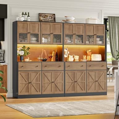 FINETONES 71" Pantry Cabinet with LED Light and Charging Station, Farmhouse Kitchen Pantry Cabinet with Microwave Stand, 47.2" Wide Kitchen Hutch Food Pantry with Open Countertop, Black/Brown - Image 6