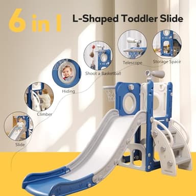 Baotree 6 in 1 Toddler Playset with Slide, Kids Slide with Basketball Hoop, Ball, Ring Toss, Indoor Outdoor Toys (White Blue) - Image 2