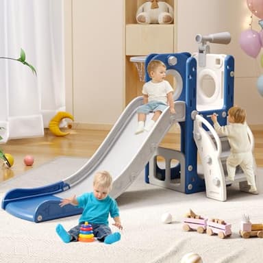 Baotree 6 in 1 Toddler Playset with Slide, Kids Slide with Basketball Hoop, Ball, Ring Toss, Indoor Outdoor Toys (White Blue) - Image 7