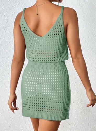 Dokotoo Cute Cover Ups for Swimwear Women 2025 V Neck Sleeveless Crochet Cut Out Spaghetti Straps knitted See Through Sexy Bikini Beach Coverups Vacation Dresses Army Green Large - Image 2