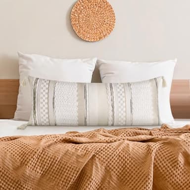 Silkena Decorative Lumbar Pillow Cover 14x36 Boho Long Body Pillow Cover for Bed Beige Farmhouse Neutral Accent Textured Throw Pillowcase for Bedroom Living Room Couch Sofa Home Decor (Cover ONLY) - Image 1