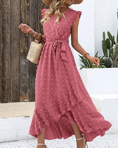 BTFBM Women V Neck Summer Dress 2025 Cap Sleeve Swiss Dot Boho Flowy Ruffle Slit Beach Party Long Maxi Cocktail Dresses(Pink, Medium) - Image 6