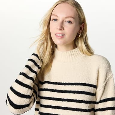 The Drop Women’s Carolina Drop Shoulder Mock Neck Pullover with Exposed Seams, Crème Brulee/Black, M - Image 3