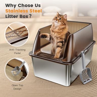 Tripamin 15” XL Stainless Steel Cat Litter Box Enclosure, XXL Stainless Steel High Sides with Lid, Extra Large Metal Cat Litter Box (Translucent Brown, XX-Large) - Image 4