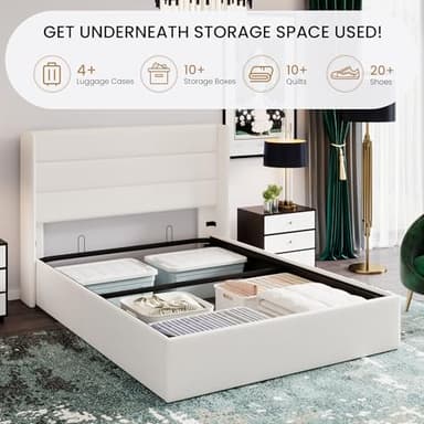 SHA CERLIN Queen Size Lift Up Storage Bed/Velvet Upholstered/Modern Wingback Headboard/Upholstered Platform Bed Frame/Hydraulic Storage/No Box Spring Needed/White - Image 3