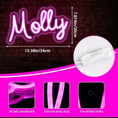 ATTNEON Large Molly Name Neon Sign,LED Molly Name Neon Light for Kids Bedroom,Molly Birthday Party Decoration,Neon Sign Customizable for Wall Decor,Girl Birthday Decor,Size 13.4 * 7.9 inches(JTLD095) - Image 3
