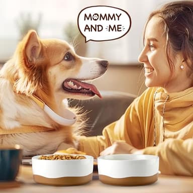 Lareina Ceramic Dog Bowl for Food and Water, 3 Cups Pet Bowl Set with Non-Slip Wood Stand for Your Small Medium Sized Dog, Vanilla White - Image 5