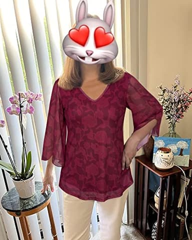 Bebonnie Womens Tops Dressy Casual,Ladies 3/4 Long Sleeve Fall Tunic Tops for Leggings Peasant Office Work Clothes Business Casual Dressy Shirts Mesh Elegant Floral Peasant Top Berry Red M - Image 3