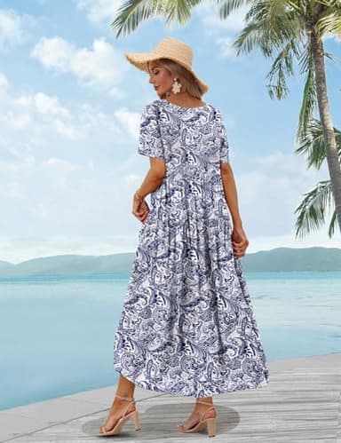 YESNO Women Casual Loose Bohemian Floral Dress with Pockets Short Sleeve Long Maxi Summer Beach Swing Dress 4XL EJF CR148 - Image 4