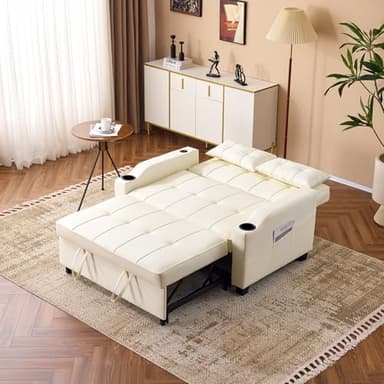 VINGLI Beige Loveseat Sleeper Sofa, Convertible Futon Sofa Bed Faux Leather Pullout Couch Bed with USB Ports, Cup Holders, Armrest for Living Room, Bedroom, Home Office Apartment - Image 2