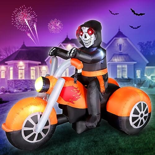6 FT Halloween Inflatable Skeleton Ghost Riding on Motorcycle Bike, Blow Up Outdoor Decoration Clearance with Built-in LED Lights for Yard Garden Lawn Home Party Decorations - Image 1