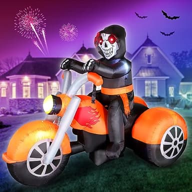 6 FT Halloween Inflatable Skeleton Ghost Riding on Motorcycle Bike, Blow Up Outdoor Decoration Clearance with Built-in LED Lights for Yard Garden Lawn Home Party Decorations - Image 1