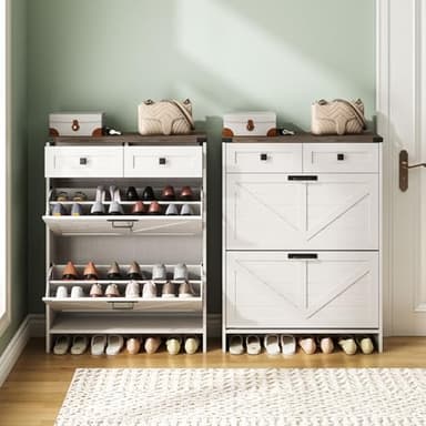 Halitaa Shoe Cabinet with 2 Flip Drawers & 2 Drawers,Farmhouse Shoe Storage Cabinet for Entryway,Slim Freestanding Narrow Organizer Rack for Front Door Entrance,White - Image 5