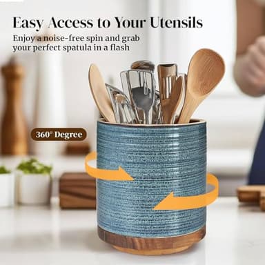 DOWAN 360° Rotating Extra Large Cooking Utensil Holder, 7.6" Kitchen Utensil Holder for Countertop, Utensil Crock for Farmhouse Kitchen Decor, Ceramic Stable Utensil Caddy, Blue - Image 3