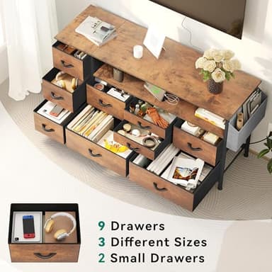 YITAHOME Dresser TV Stand with Power Outlet for 55'' TV, 9 Drawer Dresser for Bedroom, Media TV Console Table with Side Pockets & Hooks, Fabric Dresser Chest of Drawers for Bedroom, Living Room - Image 6