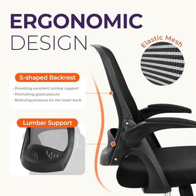 NEO CHAIR Office Desk Computer Gaming Ergonomic Chair with Lumbar Back Support Adjustable Height Swivel Wheels Flip-up Arms Mesh Chair for Home or Office (Black) - Image 3