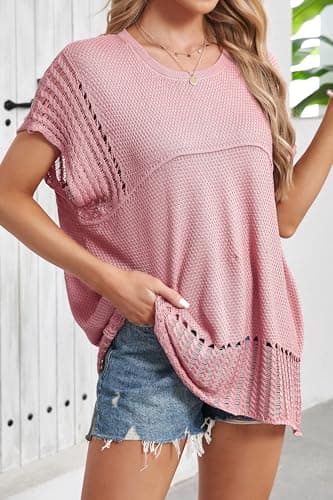 Cakulo Womens Summer Short Sleeve Casual Sweaters Tunic Crochet Knit Sweater Top 2025 Pink XL - Image 3