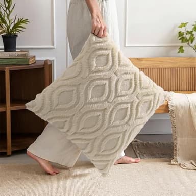 decorUhome Fall Throw Pillow Covers 18x18 Inch Set of 2, Soft Plush Decorative Faux Fur Beige Solid Couch Pillow Covers, Accent Farmhouse Neutral Square Euro Pillow Cases for Sofa Bed Living Room - Image 5
