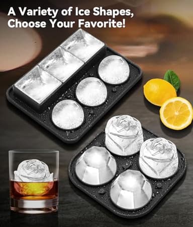 Ice Cube Tray with Lid, Silicone Ice Molds with Round, Square, Diamond, Rose, Large Ice Cube Mold for Whiskey, Bourbon, Cocktails, Easy Release BPA Free, Set of 2 - Image 2