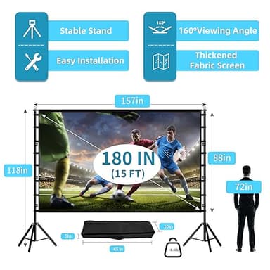 TOWOND Projector Screen and Stand, 180 inch Outdoor Projector Screen 15 FT Large Projection Screen, Portable 16:9 4K HD Rear Front Movie Screen with Carry Bag Wrinkle-Free Design for Backyard Theater - Image 4