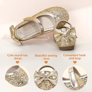 PANDANINJIA Toddler/Little Kid Girl's Angela Dress Mary Jane Ballet Flats Bow Flower Girl Wedding Party Ballerina Flat Shoes (Gold Sequin, 10 M US Toddler) - Image 4