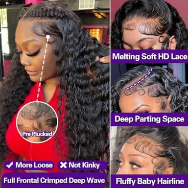 LRV 26 Inch Deep Wave Lace Front Wigs Human Hair, 13x4 HD Curly Lace Front Human Hair Wet Wavy Waterwave Glueless Frontal Deep Wave Wig for Women, Pre Plucked, 180 Density, Average Cap, Tangle Free - Image 2