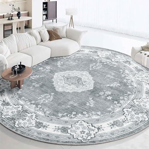 MUJOO Grey Round Rug 9ft,Large Circle Washable Area Rugs for Bedroom Living Room Bathroom,Boho Non Slip Circular Carpet,Floral - Image 1