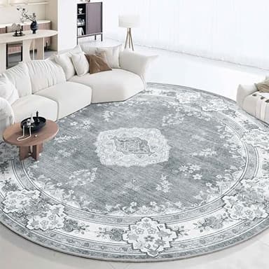 MUJOO Grey Round Rug 9ft,Large Circle Washable Area Rugs for Bedroom Living Room Bathroom,Boho Non Slip Circular Carpet,Floral - Image 1