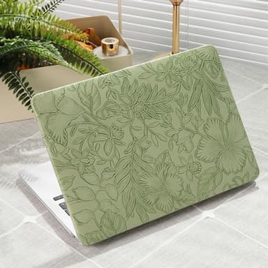 iCasso Compatible with MacBook Air 13 inch Case 2020-2018 Release A2337 M1 A2179 A1932, Texture Leather Plastic Hard Shell Case + Keyboard Cover + Screen Protector, Green Embossed Floral - Image 1