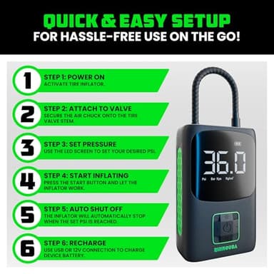 Rhino USA Tire Inflator Portable Air Compressor (150 PSI) Upgraded Air Pump for Car Tires with Digital Pressure Gauge - Best Mini Air Pump for Bike Tires with Dual LCD Screen (Black & Green) - Image 6