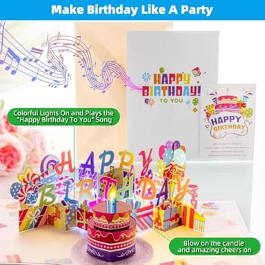 3D PopUp Birthday Cards, 1-100 Age Luxury Blowable LED Light Candle Cake Music Happy Birthday Card Postcards Greeting Cards Birthday Gifts Decorations for Women, Man, Mom, Wife, Husband, Boy, Girl - Image 3