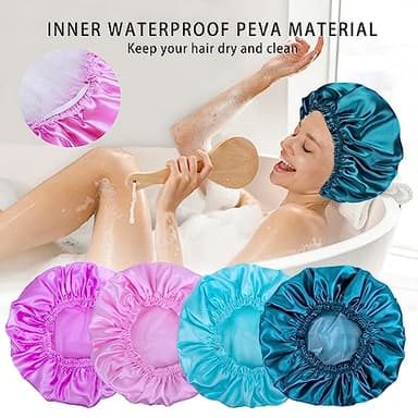 Shower Caps for Women, 4 PCS Elastic and Reusable Bath Caps, Double Waterproof Layers Shower Cap, Bathing Shower Caps, Environmental Protection Hair Bath Hat - Solid Color - Image 7
